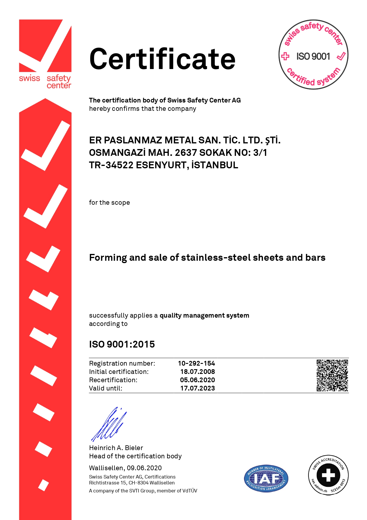 ISO 9001 İngilizce Sertifika