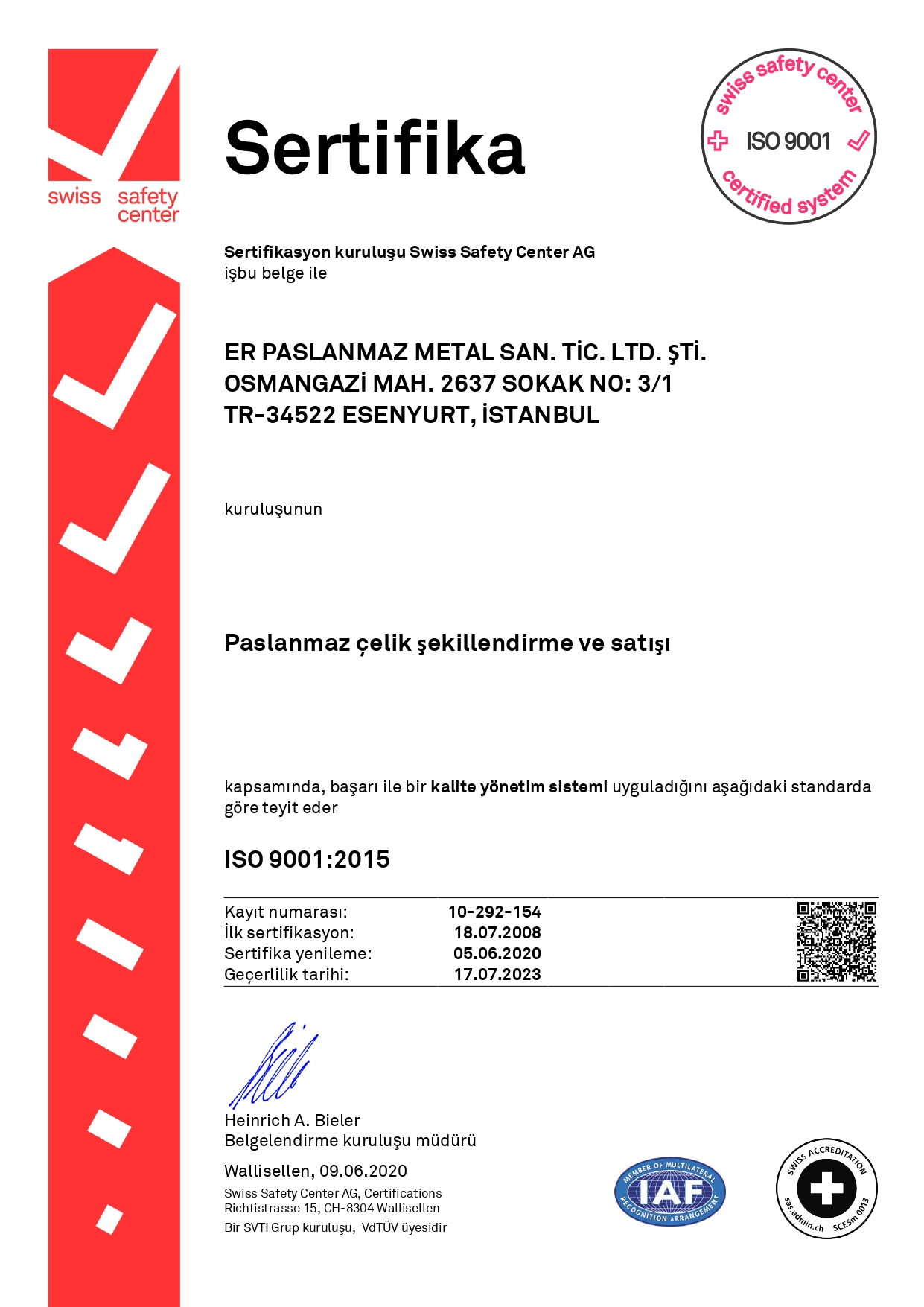 ISO 9001 Türkçe Sertifika